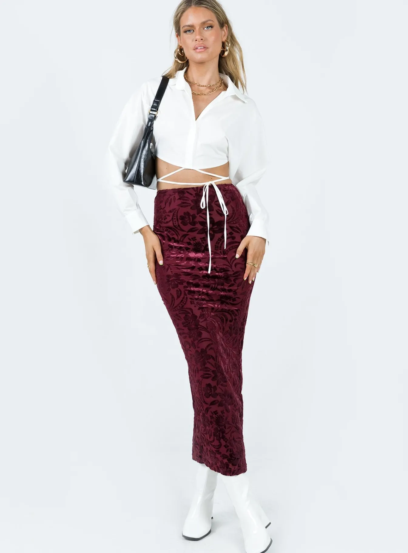 Princess Polly Tomkins Burn Out Midi Skirt Red Sale