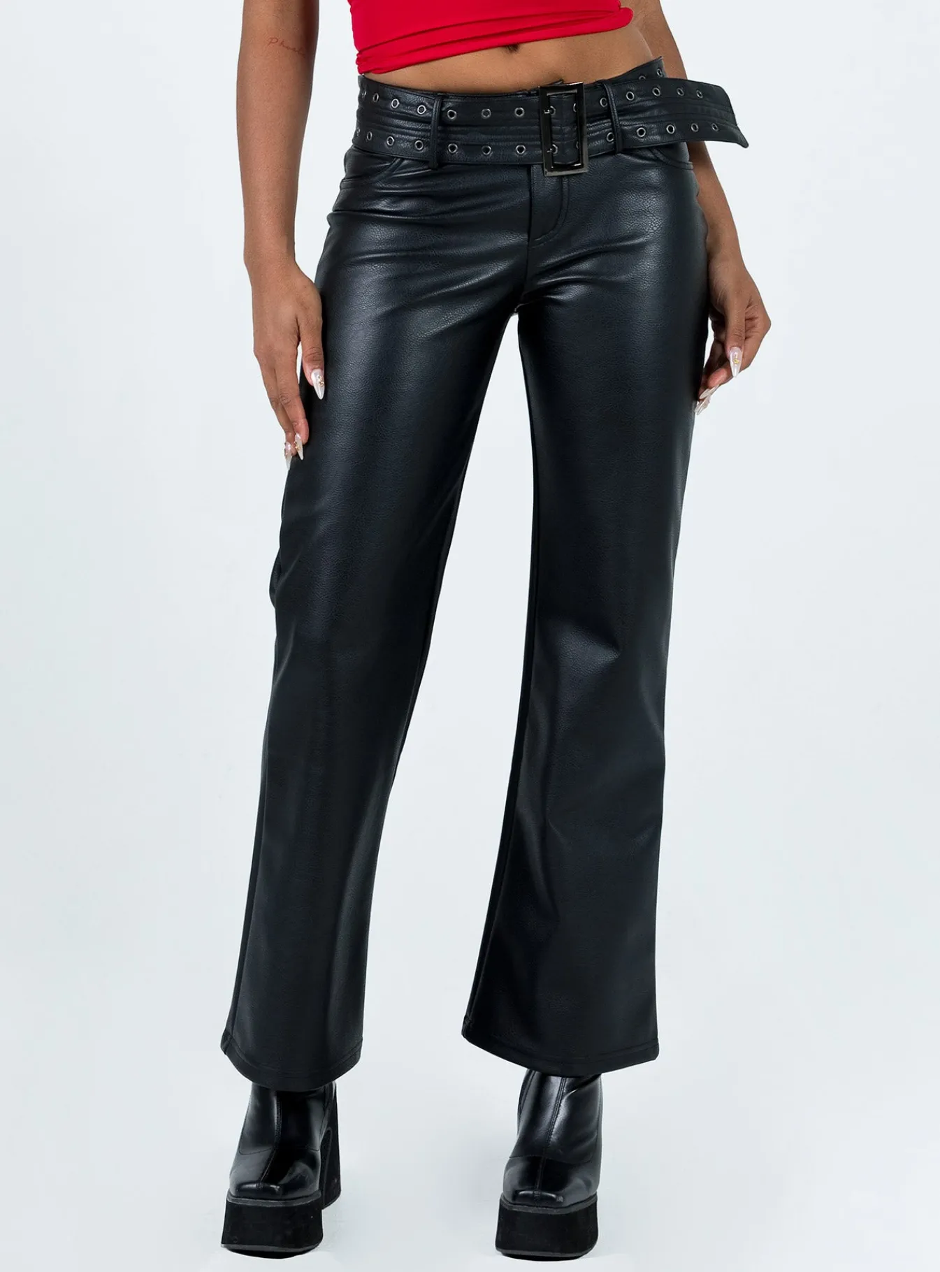 Princess Polly Torridon Eyelet Belt Faux Leather Pants Black Best Sale