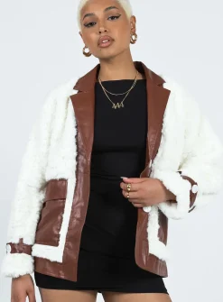 Princess Polly Tudor Pu Faux Fur Jacket  White / Brown Cheap