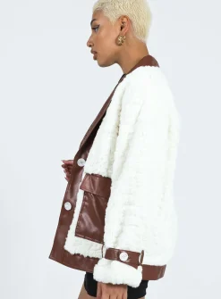 Princess Polly Tudor Pu Faux Fur Jacket  White / Brown Cheap