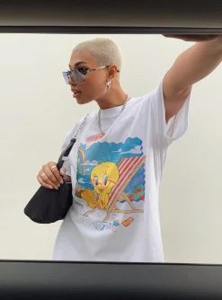 Princess Polly Tweety Post Card Vacation Oversized Tee  White Discount