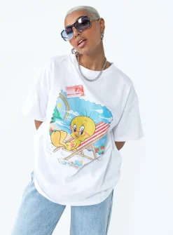 Princess Polly Tweety Post Card Vacation Oversized Tee  White Discount