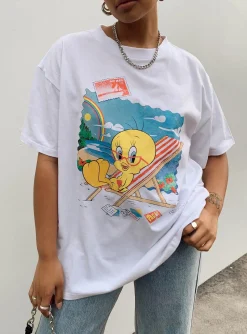 Princess Polly Tweety Post Card Vacation Oversized Tee  White Discount