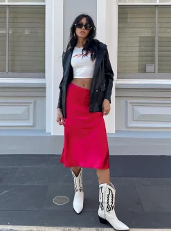 Princess Polly Tyra Satin Midi Skirt  Red Shop