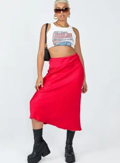 Princess Polly Tyra Satin Midi Skirt  Red Shop