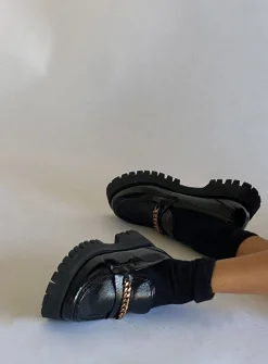 Princess Polly Unchained Patent Loafer   Black Clearance