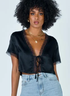 Princess Polly Vintage Tie Up Top  Black Clearance