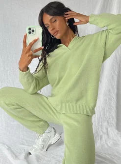 Princess Polly Waite Knit Pants  Sage Clearance