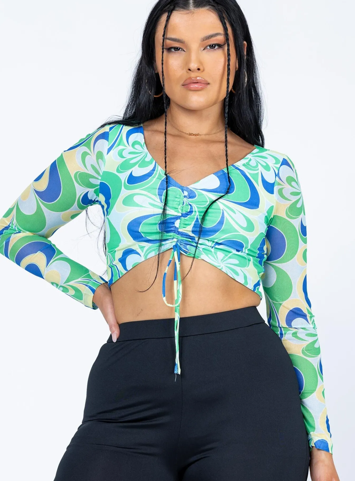 Princess Polly Wallace Long Sleeve Top/ Blue Green New