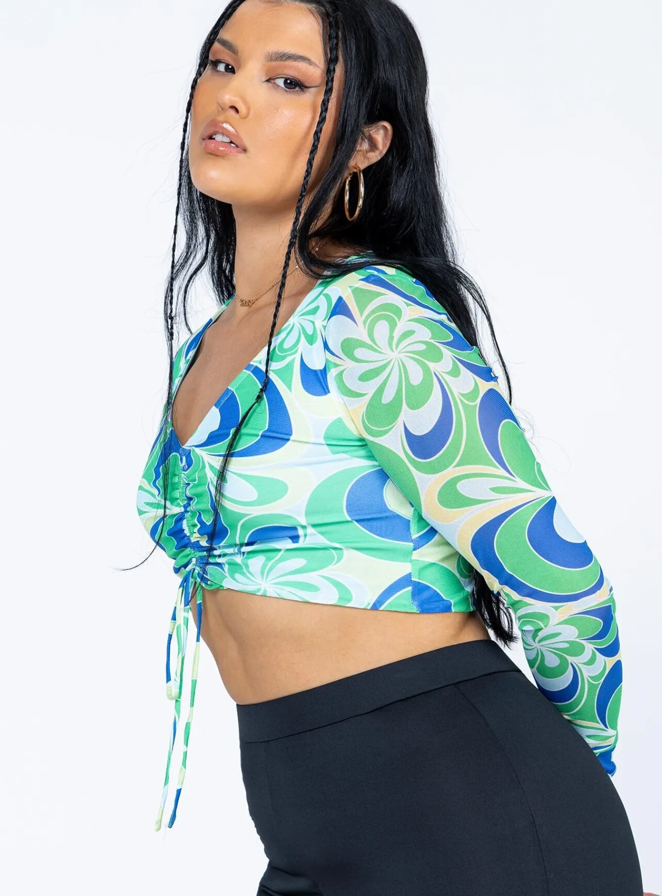 Princess Polly Wallace Long Sleeve Top/ Blue Green New