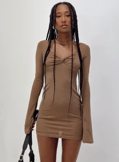 Princess Polly Wesley Long Sleeve Mini Dress  Brown Sale