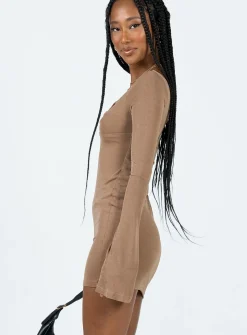 Princess Polly Wesley Long Sleeve Mini Dress  Brown Sale