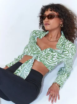 Princess Polly Winslet Long Sleeve Top  Green Outlet