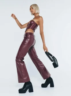 Princess Polly Yarella Mid Rise Pu Pants  Burgundy Shop