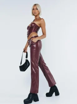Princess Polly Yarella Mid Rise Pu Pants  Burgundy Shop