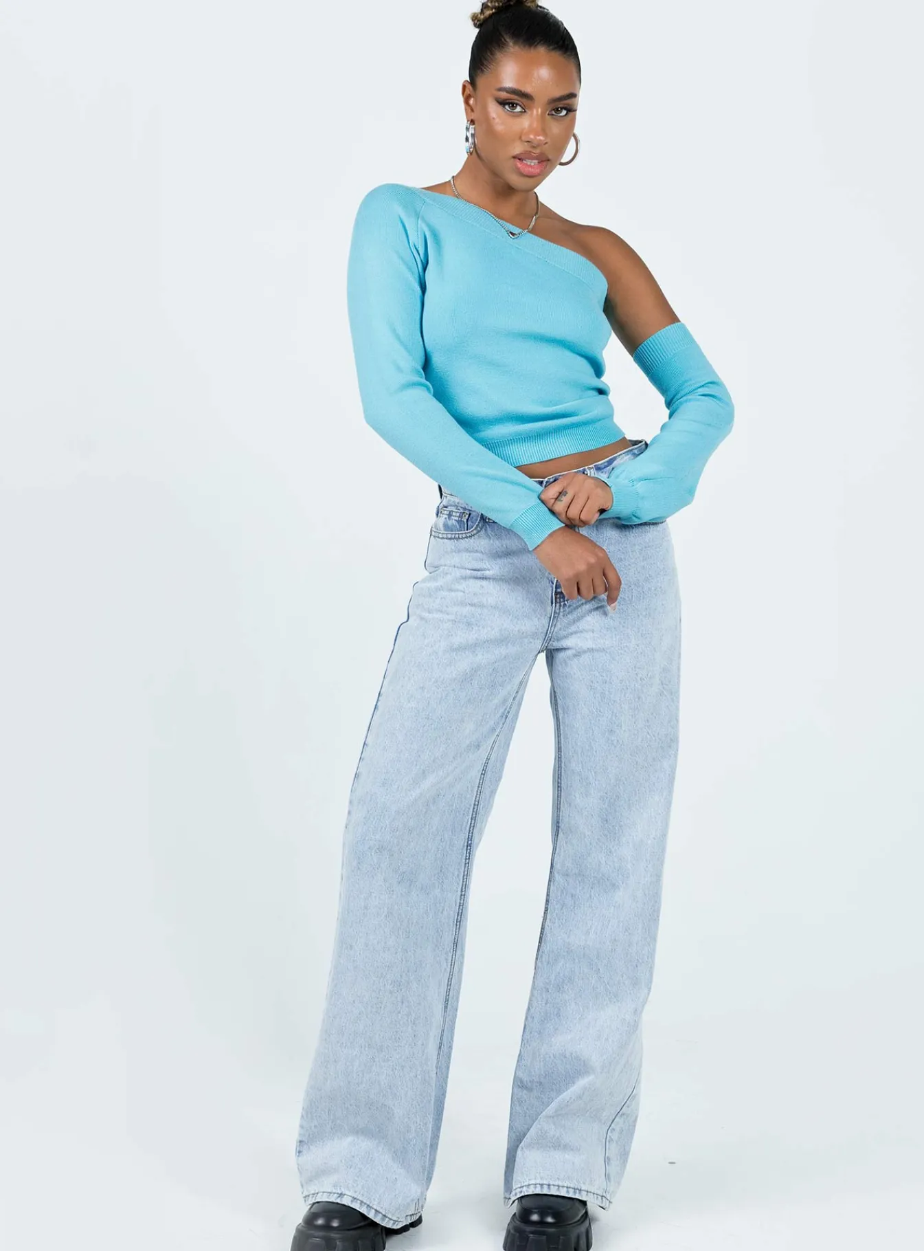 Princess Polly Yvonne One Shoulder Sweater Blue Shop