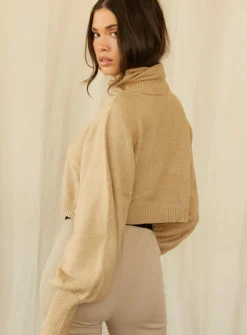 Princess Polly Zahara Cropped Turtleneck Sweater  Beige New