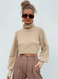 Princess Polly Zahara Cropped Turtleneck Sweater  Beige New