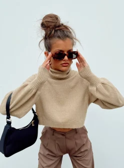Princess Polly Zahara Cropped Turtleneck Sweater  Beige New