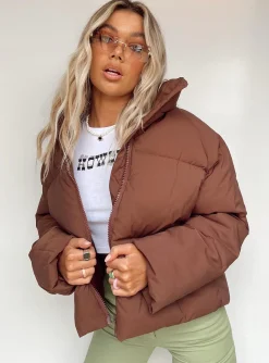 Princess Polly Zaria Puffer Jacket Brown Flash Sale