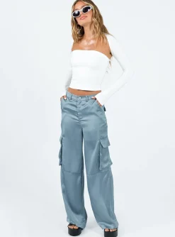 Princess Polly Zora Satin Cargo Pant  Blue New